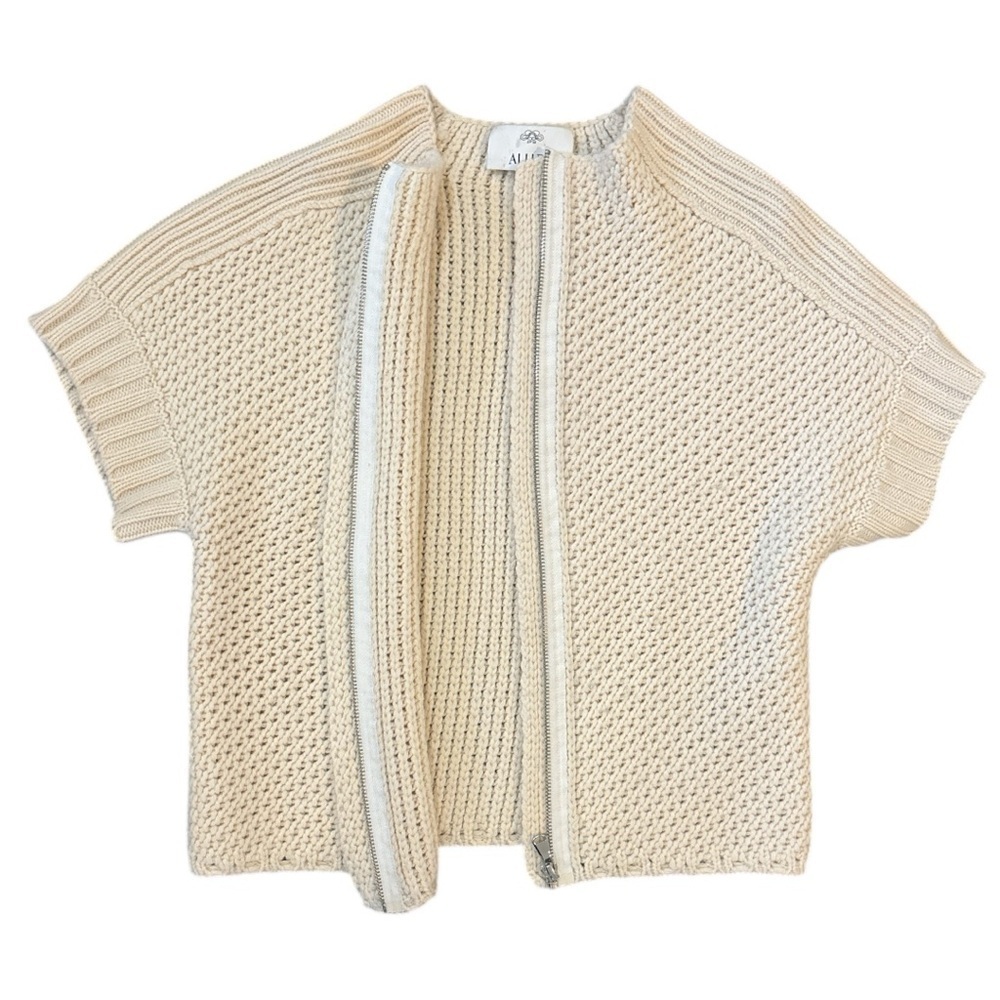 Allude Wool Cashmere Zip Up Chunky Knit Short Sleeve Sweater in Cream Small - Picture 2 of 5